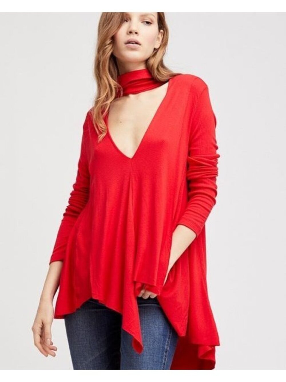 Free People Uptown Turtleneck Top Medium Chocker Cutout Asymmetrical Hem Red